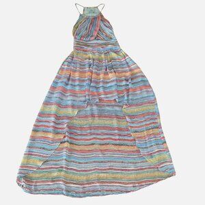 MADISON MARCUS Silk Halter Tiered Maxi Dress XS Striped Flowy Boho Resort Prom